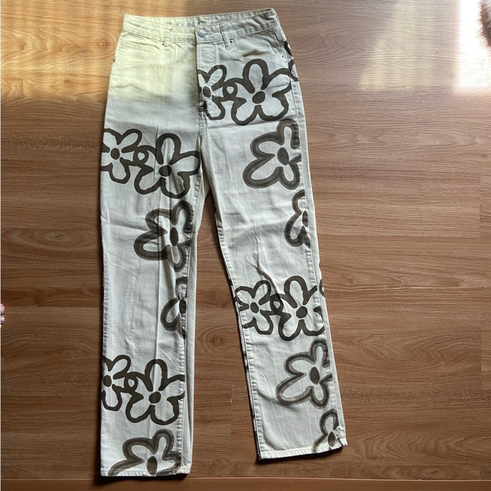 High-Rise Floral Print Women's Jeans - Cream with Brown Flowers